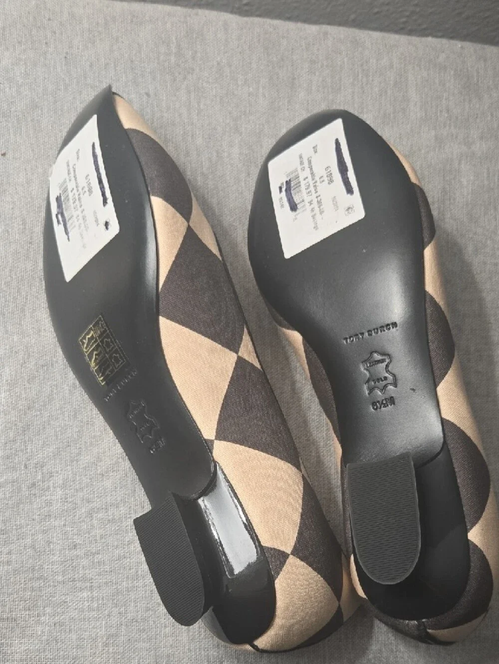 Tory Burch Brown and Cream Diamond-Check Ballet Flats,Size 6,5,New